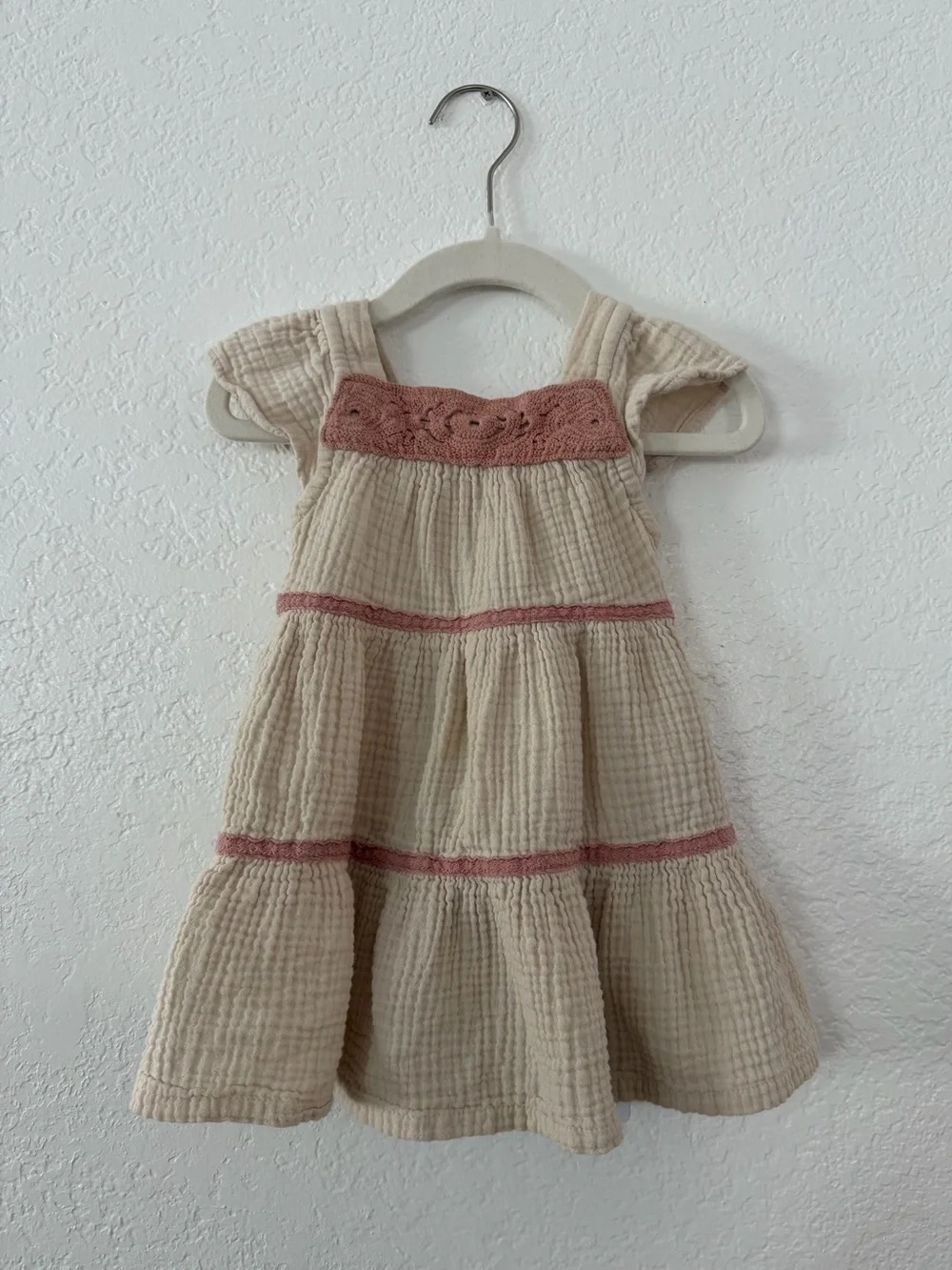 Carter's Cream Tiered Dress with Dusty Rose Trim